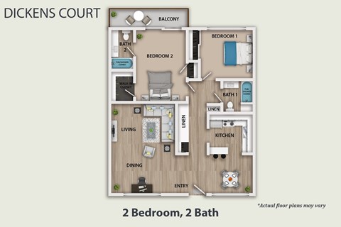Floor plan for 2 beds, 2 baths, 975 sqft